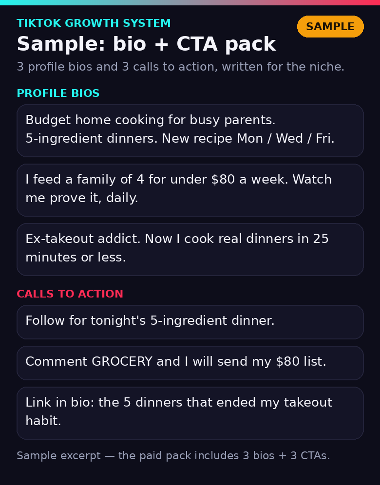 Sample excerpt: three profile bios and three calls to action