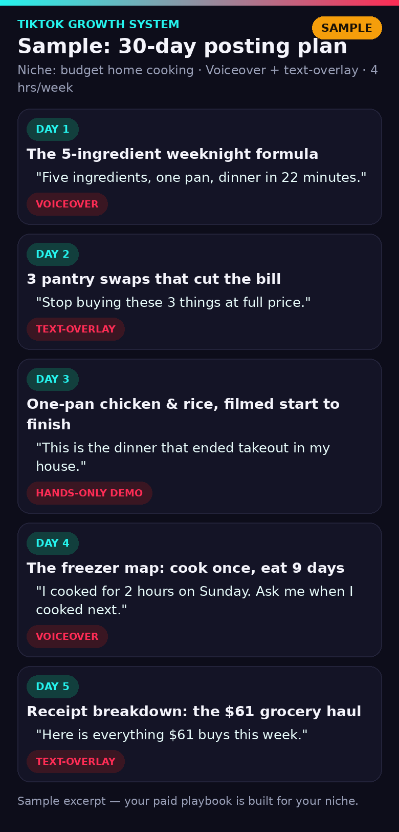 Sample excerpt: 30-day posting plan, days 1 through 5, each with a topic, hook, and filming format